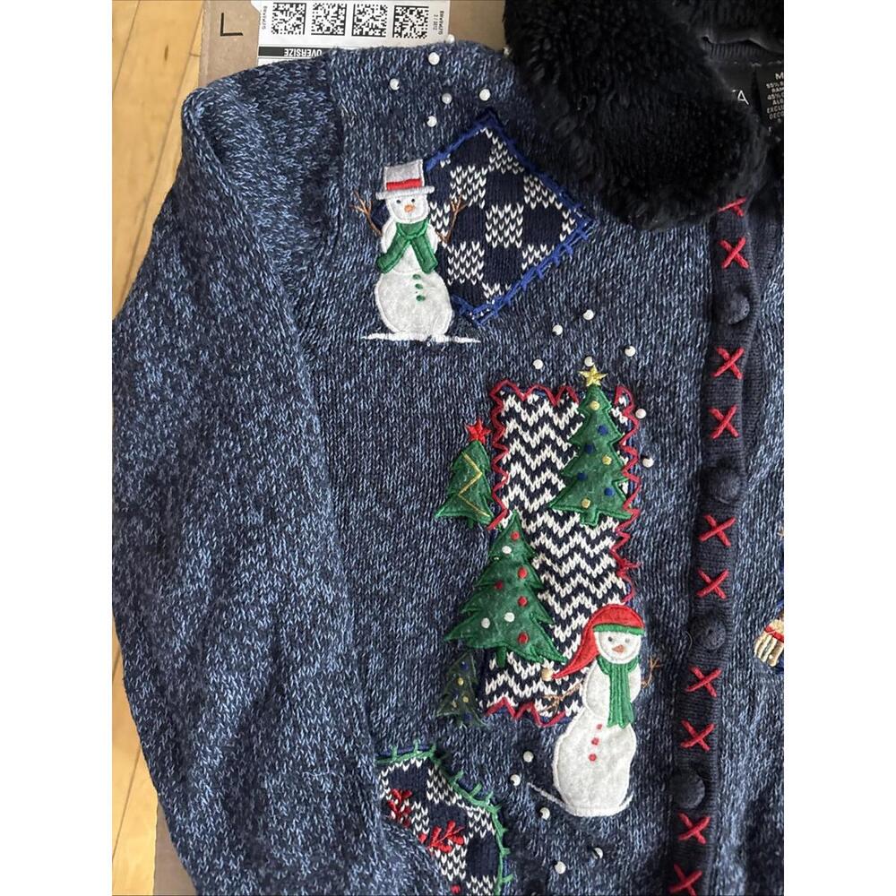 VTG Christmas Sweater Cardigan Sz M Erika Snowman Snowflakes Embroidered Pearls - Picture 2 of 12
